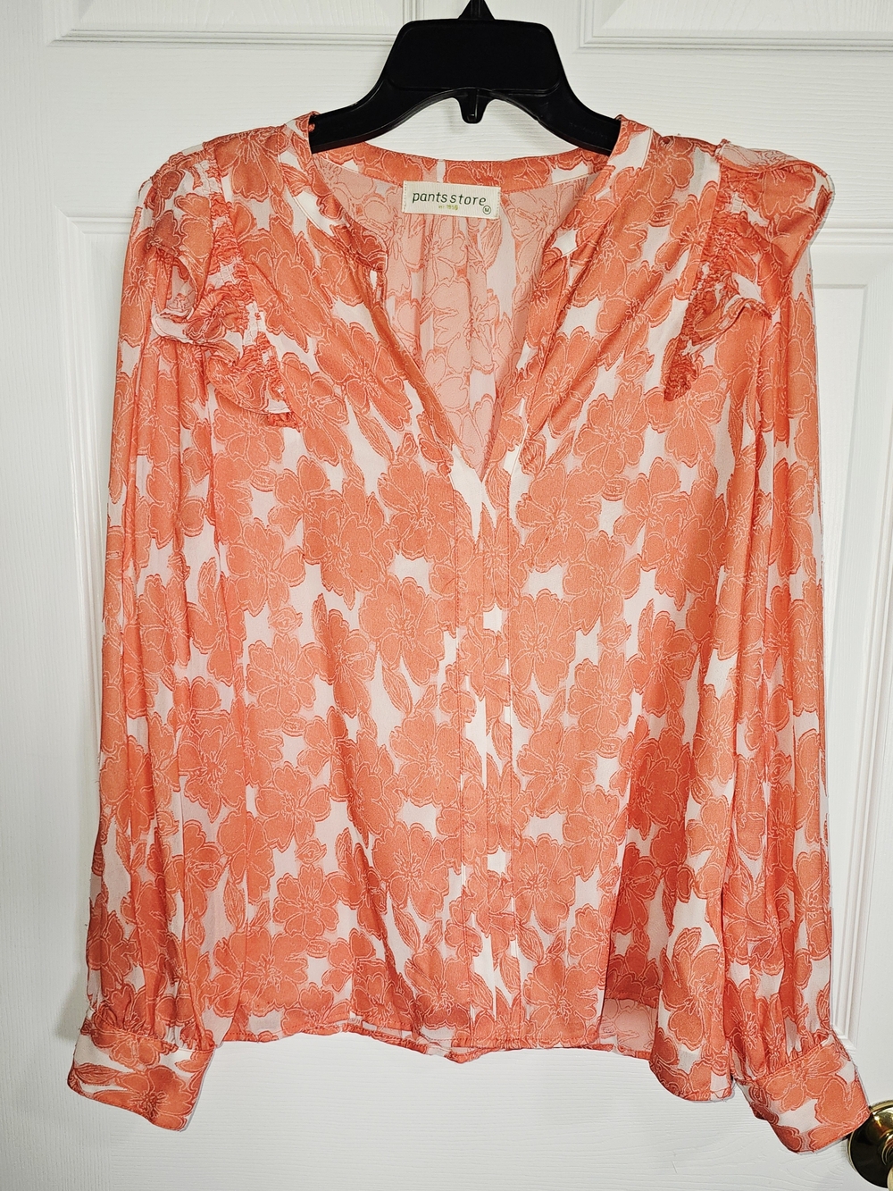 Pants Store - Coral Floral V-Neck Ruffle Long-Sleeve Blouse - Medium